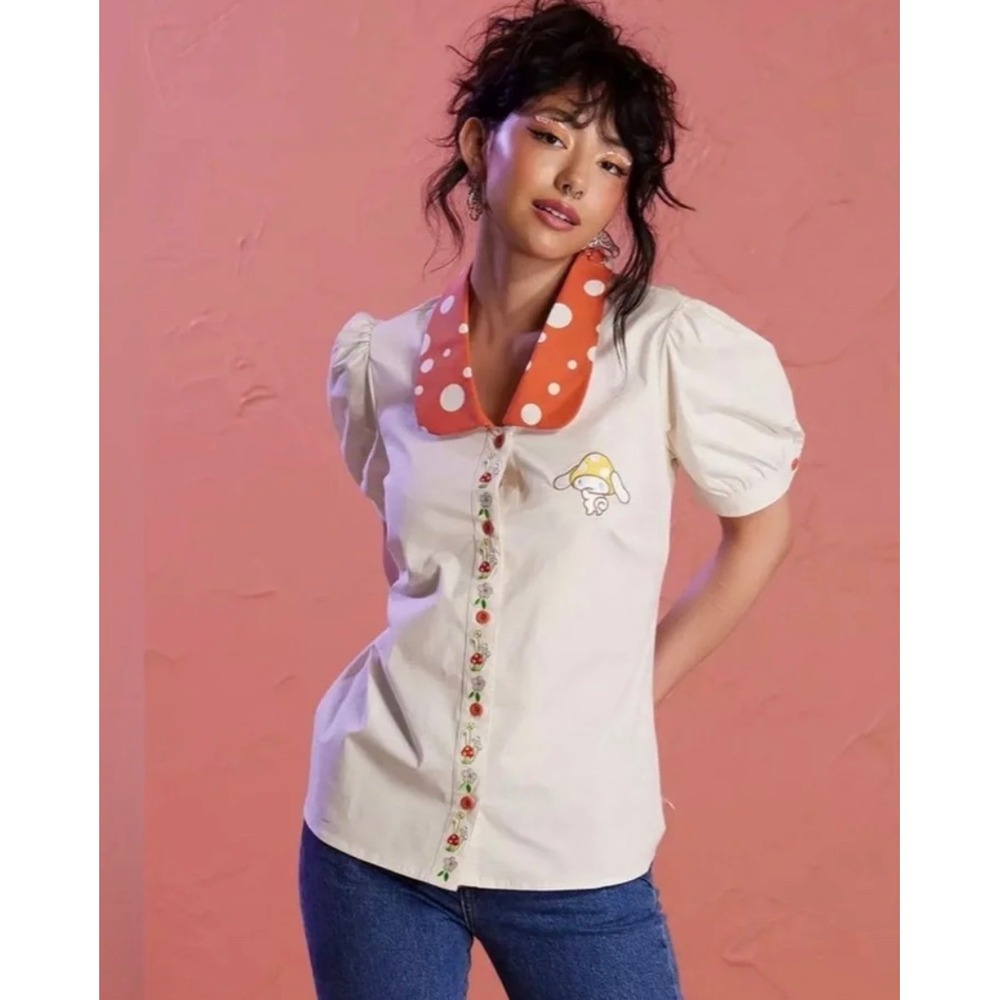 Hot Topic Sanrio Cinnamoroll Mushroom Polka Dot Collar Woven Top Large NEW